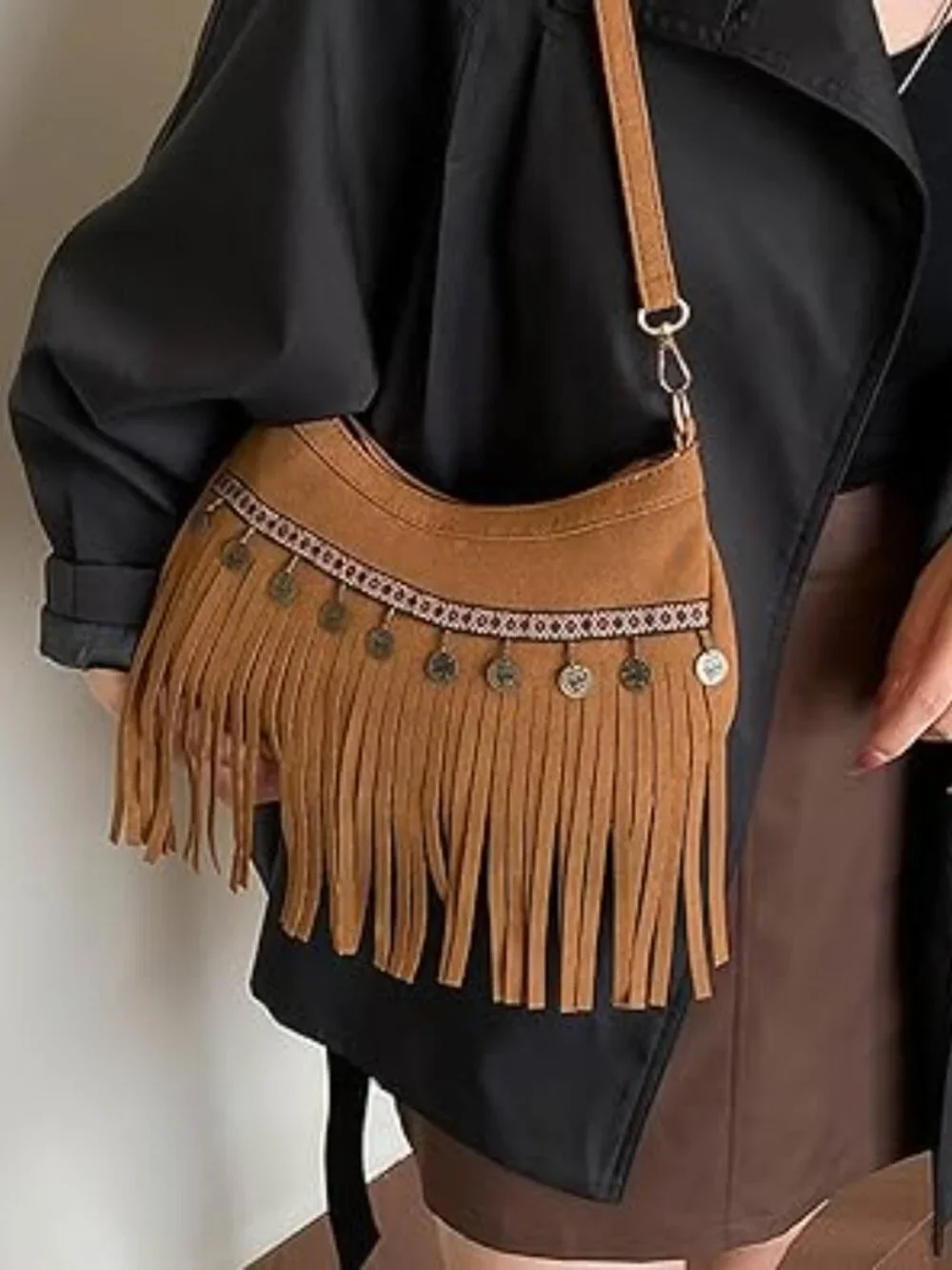 Vintage Look Suede Hobo Fringe Bag Hippie Western Cowgirl Purse - Picture 1 of 5